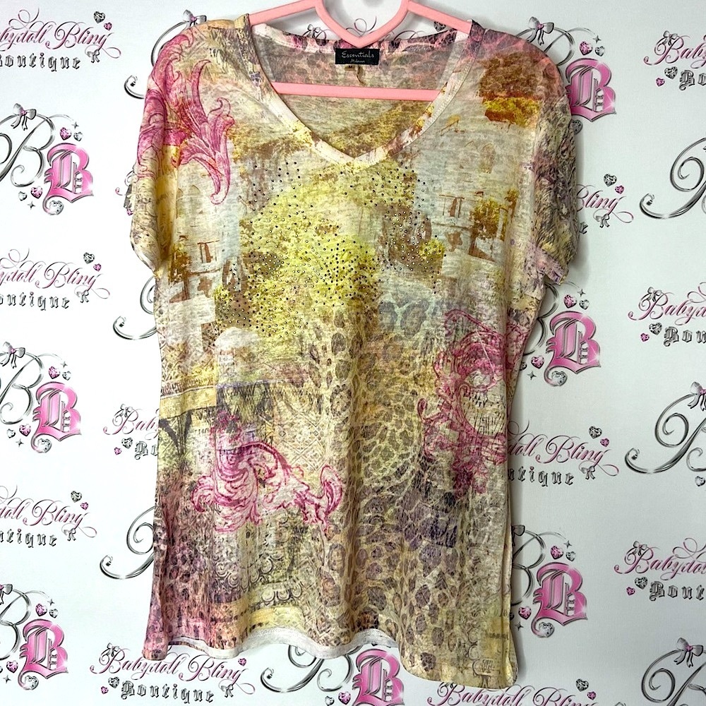 Essentials Milano tshirt cheetah print floral light weight flower rhinestone Top